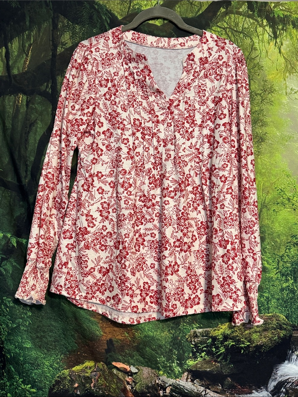 Women's Red Floral Long-Sleeve Tunic Top